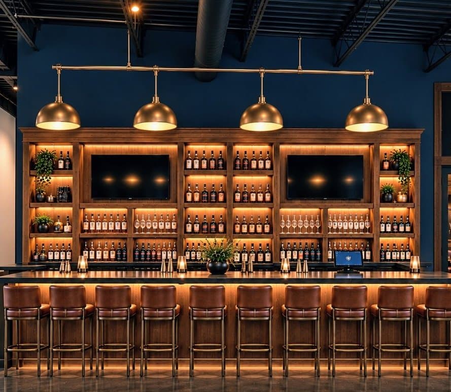 Concept render of the Swing Lab bar: lit wood shelving stocked with bottles, two screens, brass pendant lights, and a row of leather barstools